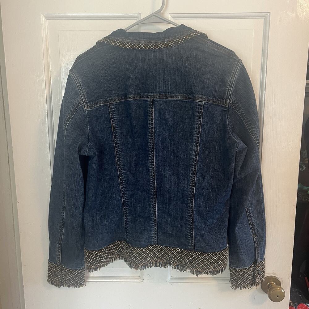 Coldwater Creek Denim Jacket 14 Brown/Black Woven Trim Fringe Classic Western - Picture 4 of 14